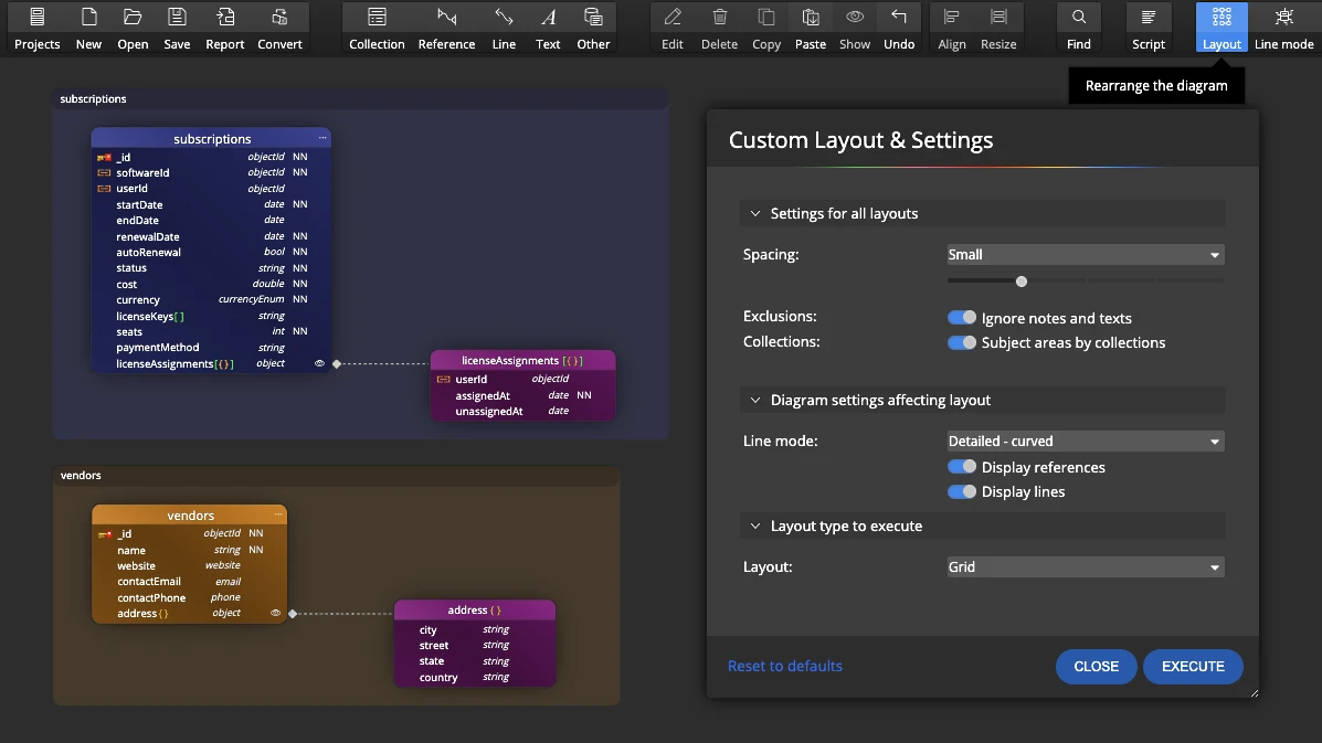 Custom Layout and Settings in Moon Modeler for an easy arrangement of objects and document in a data model for MongoDB.
