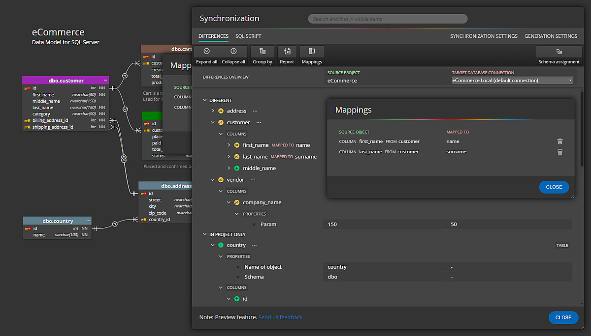 Database Schema Compare and Synchronization in Luna Modeler