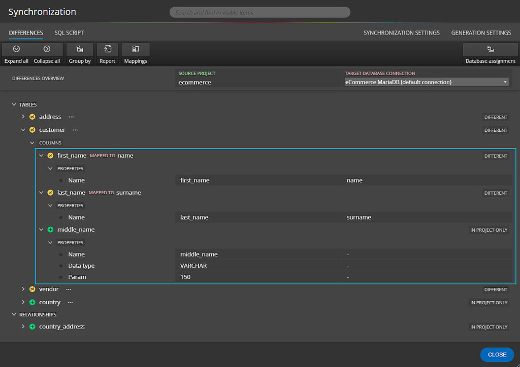 Schema synchronization form in Luna Modeler database modeling tool for syncing database and ERD Schema synchronization form in Luna Modeler database modeling tool for syncing database and ERD