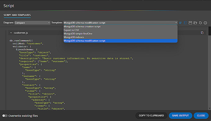 MongoDB validation script preview and custom code generation in Moon Modeler Generated MongoDB validation script in Moon Modeler data modeling tool