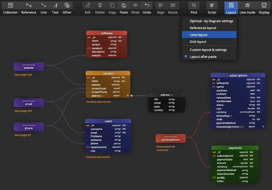 Moon Modeler - screenshot showing the new options for layout elements in a data model