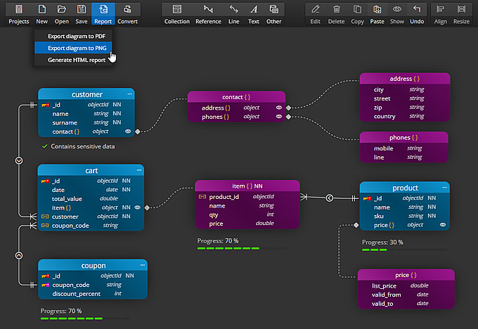 Use Moon Modeler to export MongoDB diagram to image or PDF. Export MongoDB diagram to image or PDF.