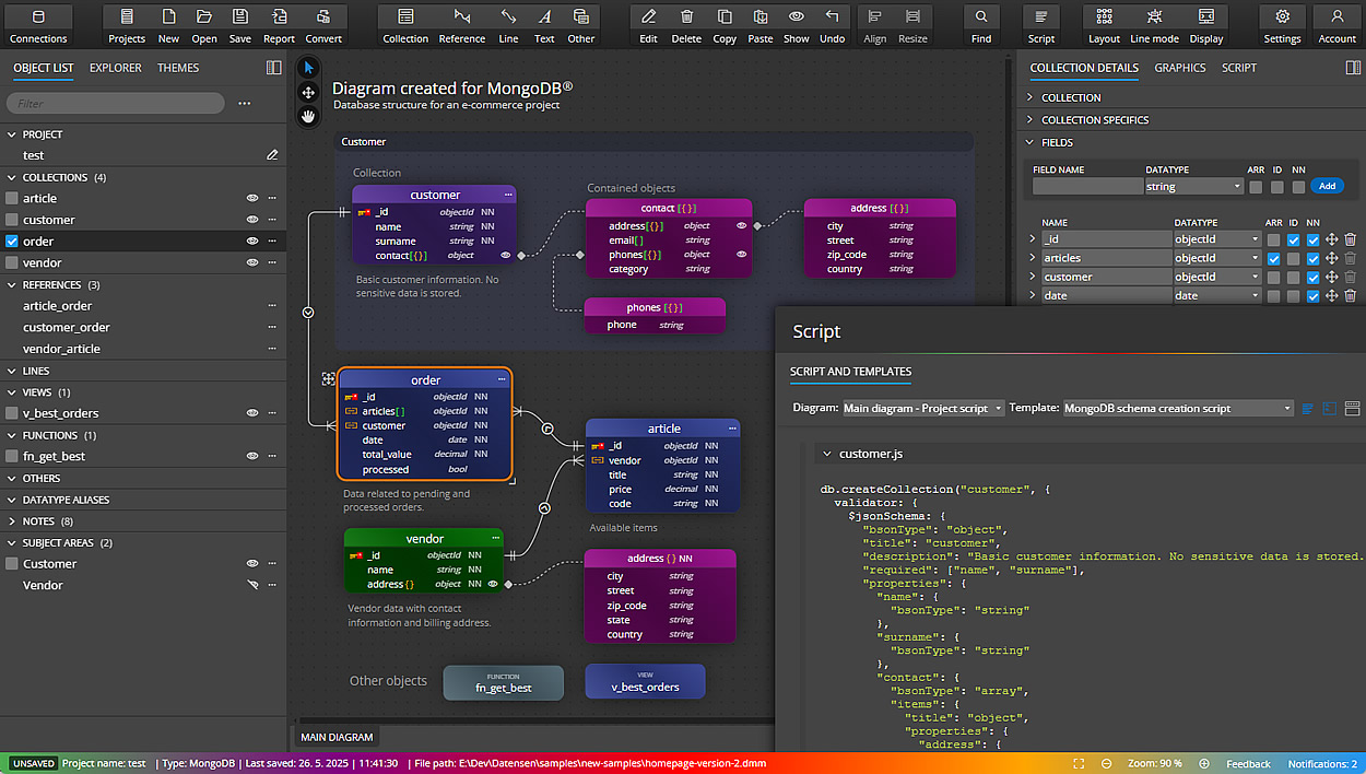 Visualize MongoDB schema designs with Moon Modeler MongoDB schema design created with Moon Modeler - visual representation of collections, embedded documents, and references.