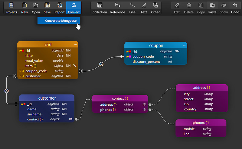 Convert MongoDB schema to Mongoose project with Moon Modeler Convert MongoDB schema to Mongoose project with Moon Modeler