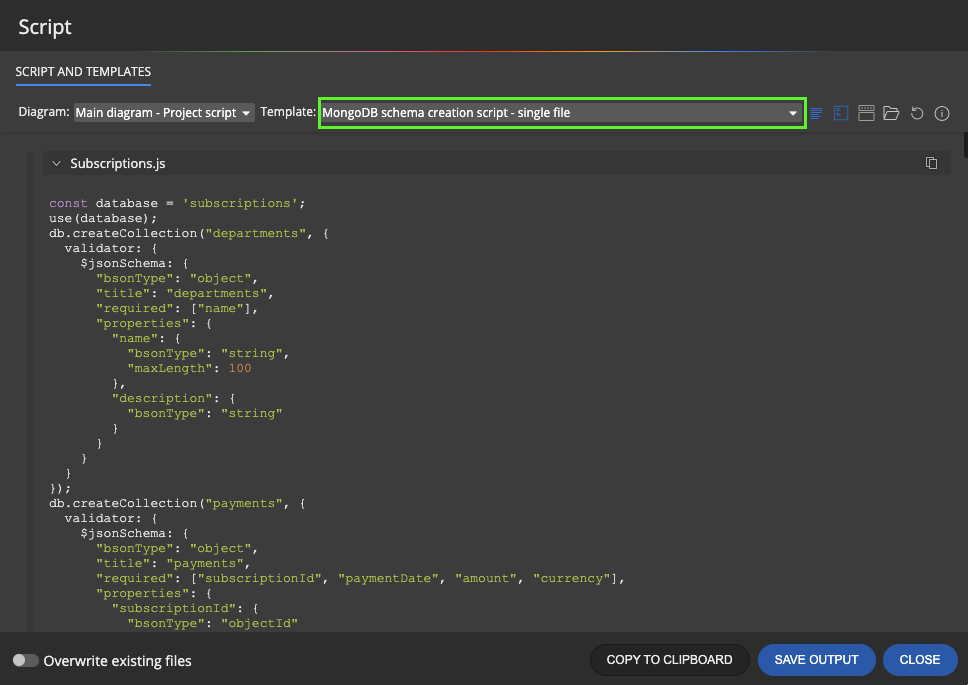 New template that includes the before script and after script sections and generates the Schema Validation Script for MongoDB as a single file.