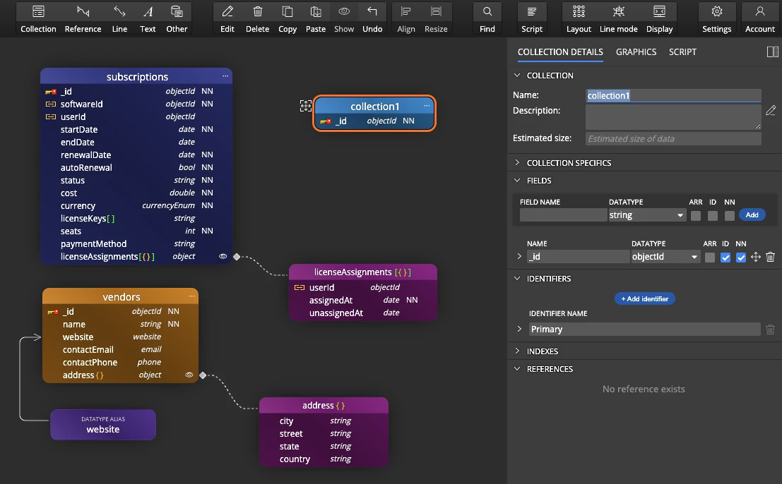 Adding a new object to a diagram and setting the focus to the name field in Moon Modeler - in a data model for nosql database like MongoDB
