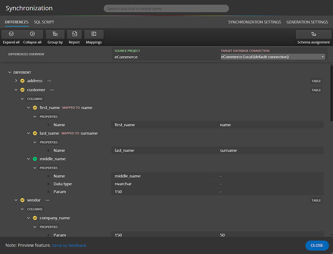 Luna Modeler - improved UI for schema synchronization