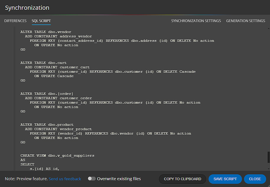 Schema synchronization SQL script generated by Luna Modeler